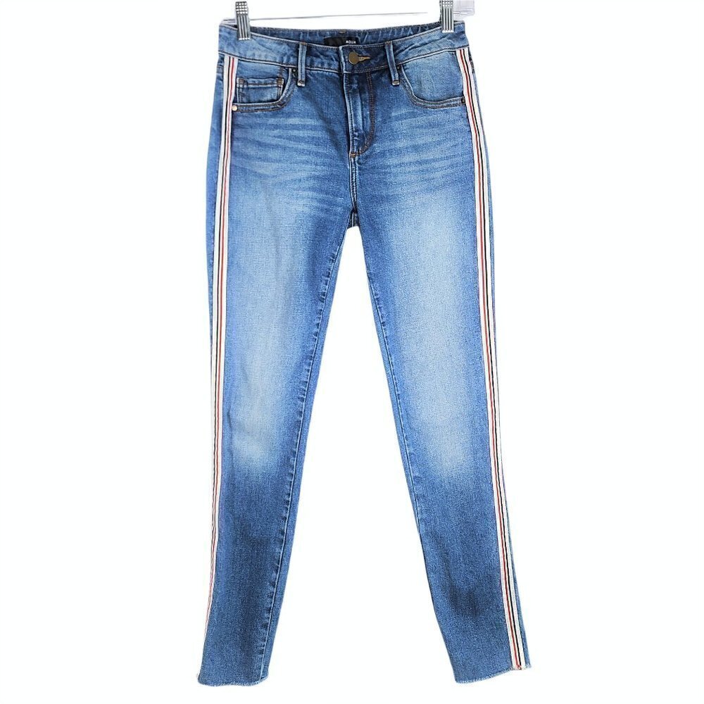 AQUA Retro Side Stripe Y2K Raw Distressed Hem Skinny Jeans